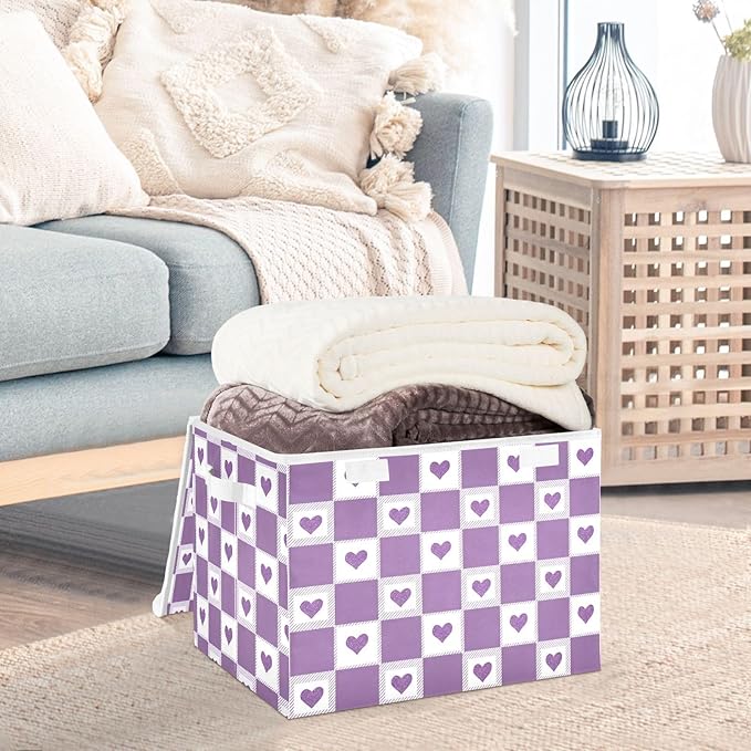 Cute Checkered Purple Hearts Storage Box with Lid 1 PC Foldable Storage Bin with Lids Stackable Storage Bins Cube Closet Organizer Basket with Flip-Top Lid &amp Handles for Shoes Books Towels