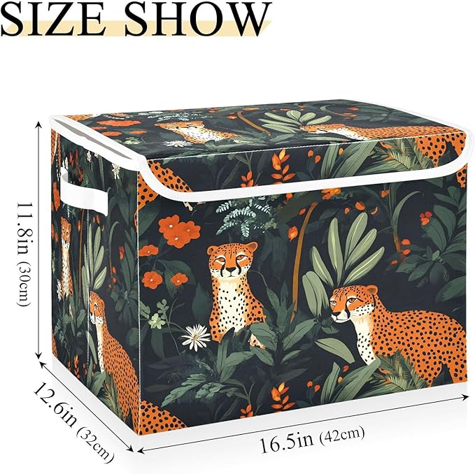 Doodle Leopard and Flower Foldable Storage Baskets Fabric Boxes with Handle Organizers with Flip-Top Lids Storage Bins for Home Bedroom Office