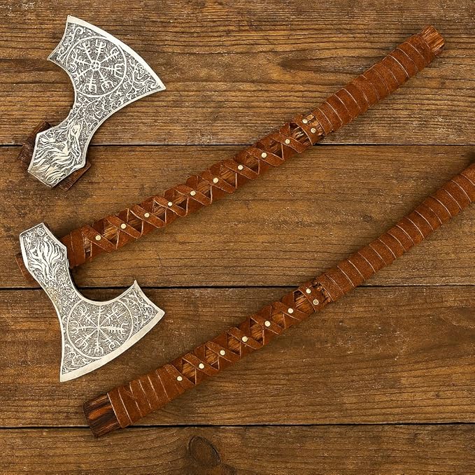 SHINY CRAFTS® Handcrafted Viking Axe – Engraved Nordic Blade with Wooden Handle Unique Gift for Men Collectors Cosplay and Medieval Decor (Brown-VBA-12)