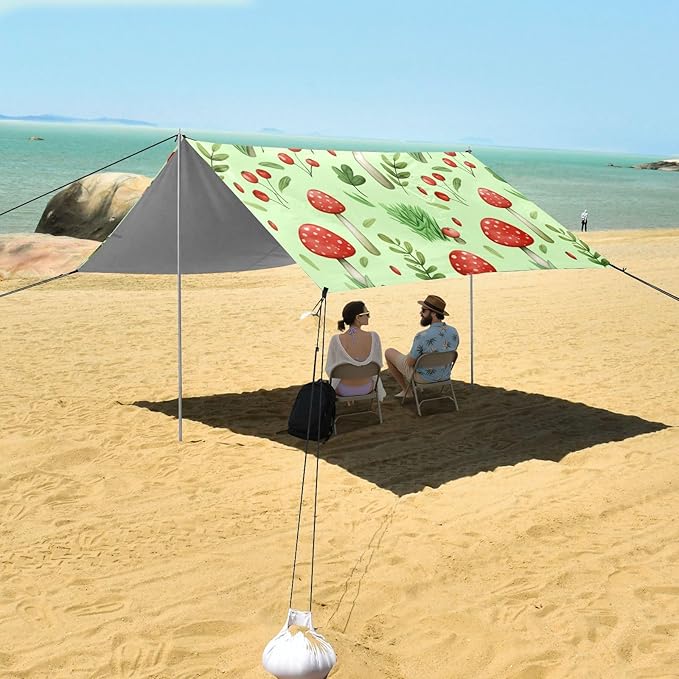 Beach Canopy with Windproof Ropes &amp Sandbags Beach Tent Sun Shade Sun Shelter for Camping Trips Fishing Backyard Fun or Picnics Mushroom