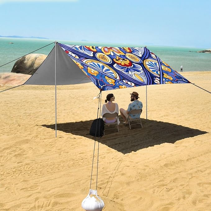Mexican Ceramic Tile Beach Tent Sun Shelter Set UPF50+ UV Protection 10.5 x 9.19 FT Camping Shade Canopy with Sandbags Sand Anchors Carrying Bag and Others