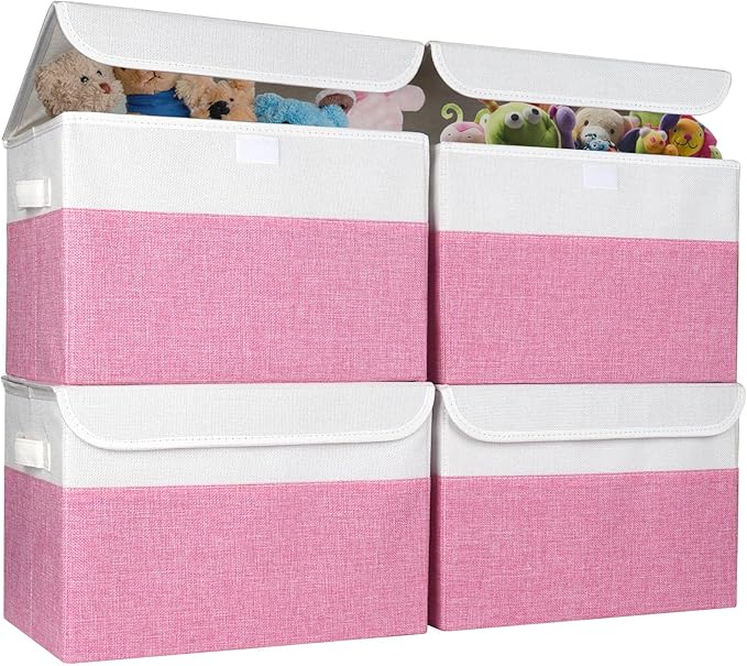 Bagnizer Large 22 Quart Linen Fabric Foldable Storage Bin Cube Organizer Basket with Flip-Top Lid &amp Handles Clothes Blanket Box for Home Office Closet Pink &amp White 4 Pack 14.6 x 9.5 x 9.5