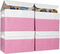 Bagnizer Large 22 Quart Linen Fabric Foldable Storage Bin Cube Organizer Basket with Flip-Top Lid &amp Handles Clothes Blanket Box for Home Office Closet Pink &amp White 4 Pack 14.6 x 9.5 x 9.5