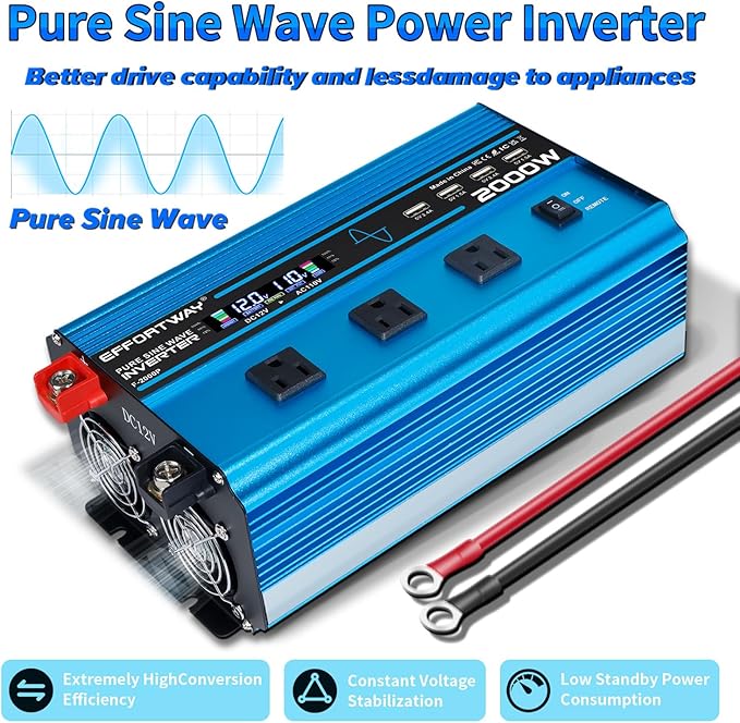 2000W Pure sine Wave Inverter 4000W (Peak) DC 12V to AC 110V/120V Converter with LCD Display Wireless/Wired Remote Control 3AC Outlets and 4USB for Camping RV Travel Off-Grid Solar Systems
