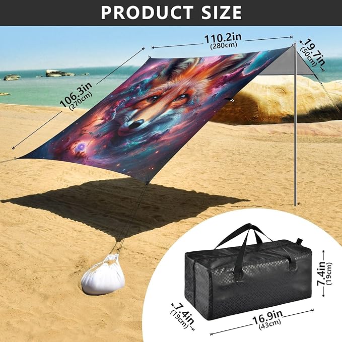 ALAZA Fox Head Galaxy Beach Tent Sun Shelter UPF50+ Protection Beach Shade Canopy w/ 4 Sandbags for Outdoor Camping Fishing Backyard Fun Picnic 10x9 ft