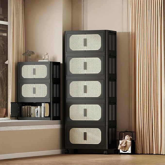 4 Tiers Folding Storage Cabinet20 Side Wide Stackable Storage Bins with Doors and Wheels Space Saving Plastic Cabinet for Living Room Office Dorm Retro Black
