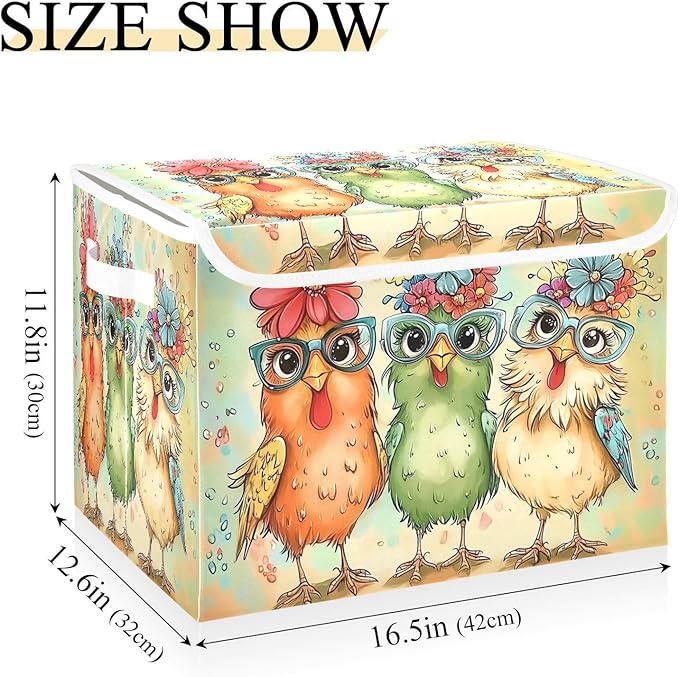 Hen Flowers Chicken Glasses Storage Bins with Lids Foldable Storage Boxes Cube Closet Storage Baskets Container Organizers for Home Bedroom Office