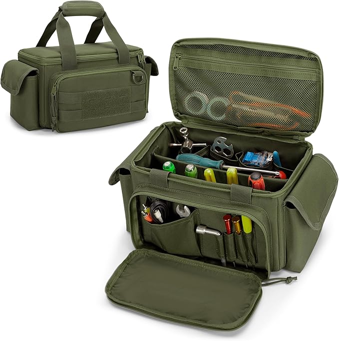 Rexmica Small Tool Bag with Anti-friction and Thick Padded Bottom Tool Storage Organizer for Men Tactical Range Bag Multi-functional Work Bag for Repairman Electrician Carpenters (Green)