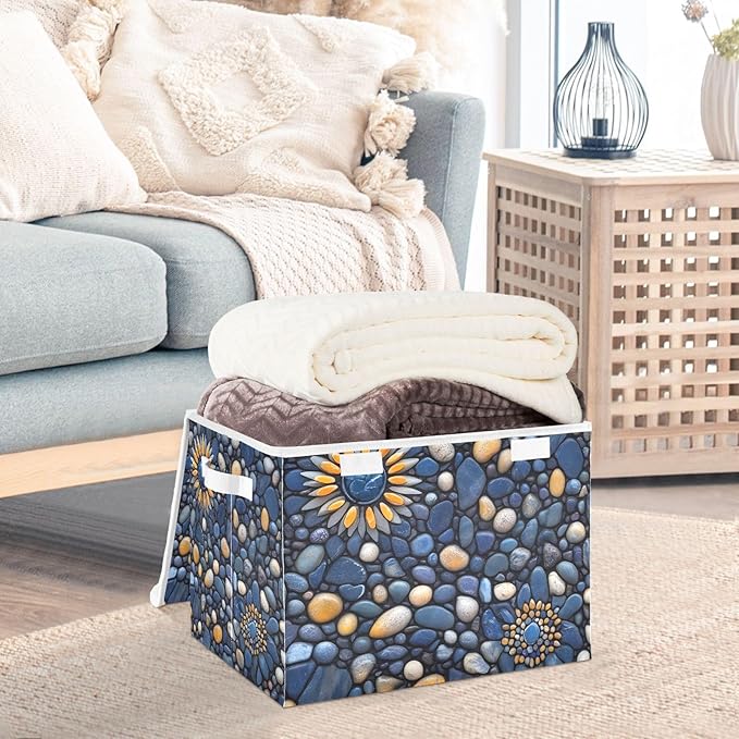 Storage Cube with Lid Pebble Blue Print 16.5×12.6×11.8 IN 1 Pack Collapsible Large Capacity Foldable Storage Basket Bin Organizer