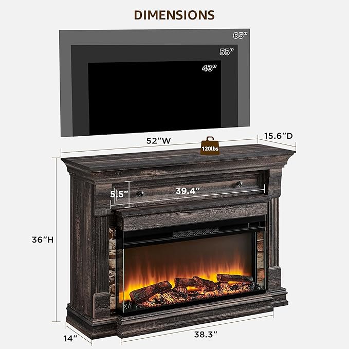 OKD 52 Inch Electric Fireplace with Mantel Fireplace TV Stand with 36 3-Sided Glass Electric Fireplace Heater for Living Room Dark Rustic Oak