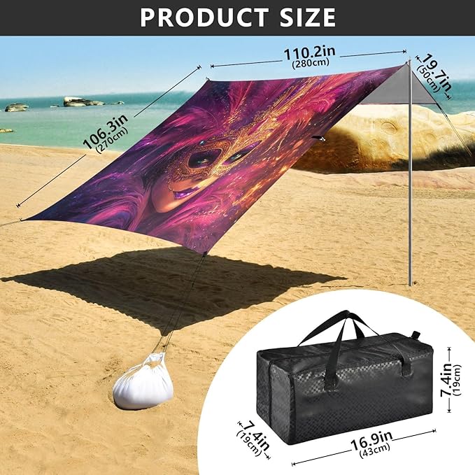 Carnival Masquerade Mask Mardi Gras Beach Tent Sun Shelter Set UPF50+ UV Protection 10.5 x 9.19 FT Camping Shade Canopy with Sandbags Sand Anchors Carrying Bag and Others