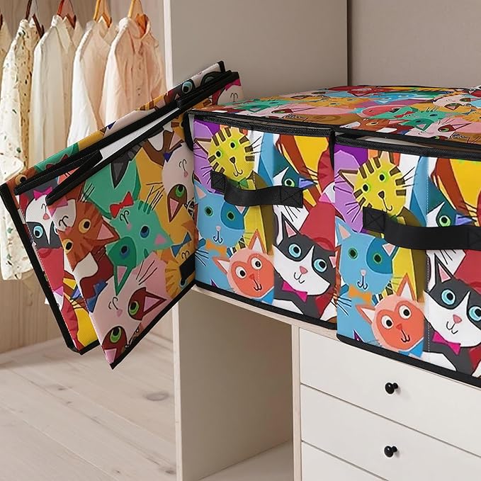 Stackable Clothes Storage Bins with LidsCloset Organizers Fabric Cat Printing Box for Home and OfficeBlanket Clothes OrganizersUnder Bed Storage Containers 3 Pack.