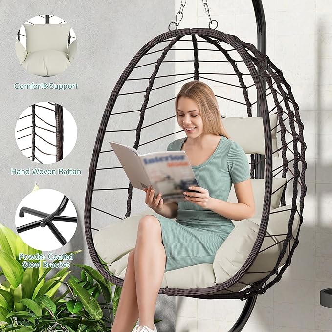 LEX CRAFT Hanging Egg Chair with Stand Swinging Egg Chair Outdoor Indoor Hanging Basket Chair with Cushion Patio Wicker Hammock Chair 350lbs Capacity for Porch Balcony Backyard Garden (Beige)