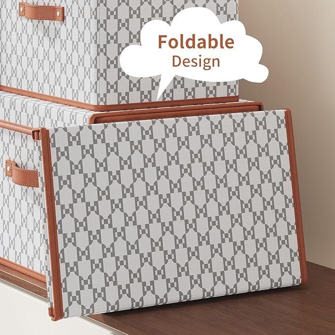 Tuza 2 Pack Fabric Storage Bins with Lids Collapsible Closet Organizer Container Decorative Storage Boxes with Lids for Organizing Clothes Blanket Grey &amp White Extra Large