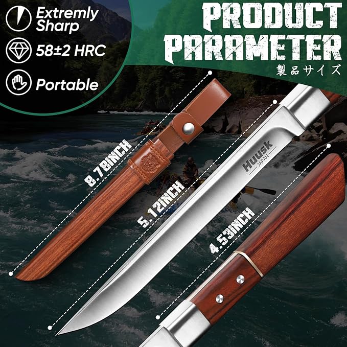 Huusk Fixed Blade Bushcraft Knife Hunting Knives with Wooden Sheath Full Tang Camping Knife Sharp Survival Knives for Men for Hiking Fishing Outdoor Adventure