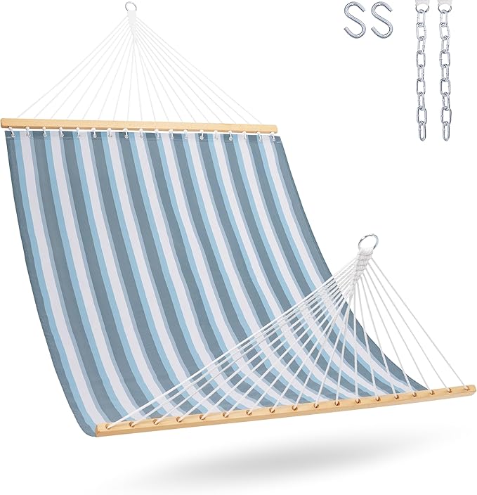 Lazy Daze Hammocks Quick Dry Hammock with Spreader Bar Textliene Fabric Double 2 Person Hammock with Chains Outdoor Patio Poolside Backyard Beach 450 lbs Capacity Blue White Stripes