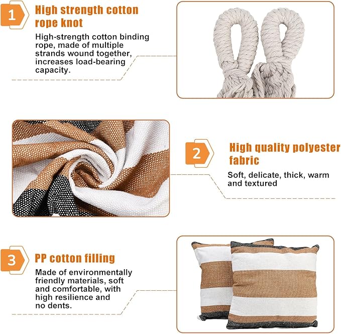 Hammock Chair Hanging Swing with 2 Pillows &amp Side Pocket Soft Cotton Tassel Swinging Chair with Strong Webbing Straps &amp Hooks Indoor Outdoor Comfort Seat (Brown)
