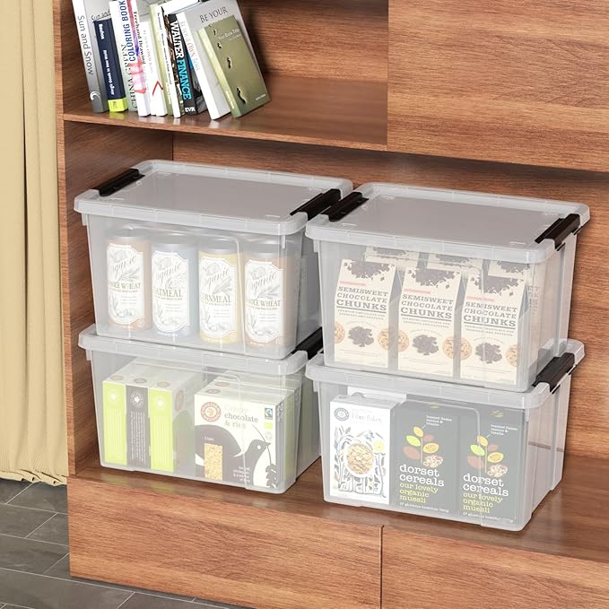 Sandmovie 6 Pack 22 Quart Clear Plastic Storage Bins with Wheels &amp Latching Lids - Stackable Organizer for Home Dorm Office &amp Pantry