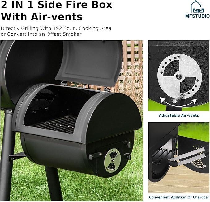 MFSTUDIO Heavy Duty Charcoal Wood Offset Outdoor Smoker Grill Charcoal Grill with Smoker Combo for BBQ Grilling 512 SQ.IN.