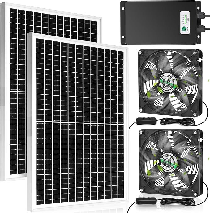 blessny 5.5 Solar Rechargeable 2 Fan Kit for Intake or Exhaust air Weatherproofed 50W Solar Powered Fans for Outside Chicken Coops Greenhouses Shed Pet House Air Ventilation