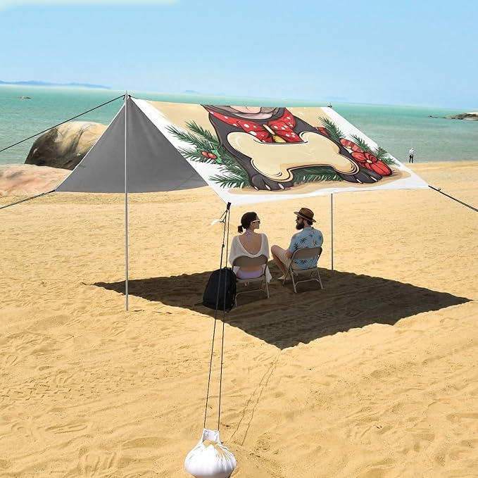 ALAZA Merry Christmas Cartoon French Bulldog Bone Beach Tent Sun Shelter Portable Canopy Sunshade for Outdoor Camping Picnics Backyard Fun 10x9 ft
