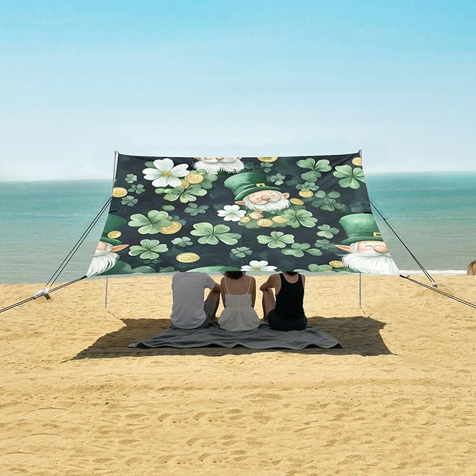 xigua St. Patrick's Day Beach Tent Sun Shelter with Carrying Bag - Silver Coated Oxford Fabric Beach Canopy for Beach Camping Fishing - Includes Windproof Ropes Sandbags &amp Stakes