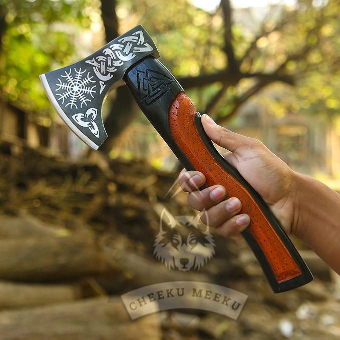 Custom Handmade Carbon Steel Real Viking Axe HatchetCamping Axe Birthday Gift for him Leather Wrapped Handle and Leather Sheath ((FM-21))