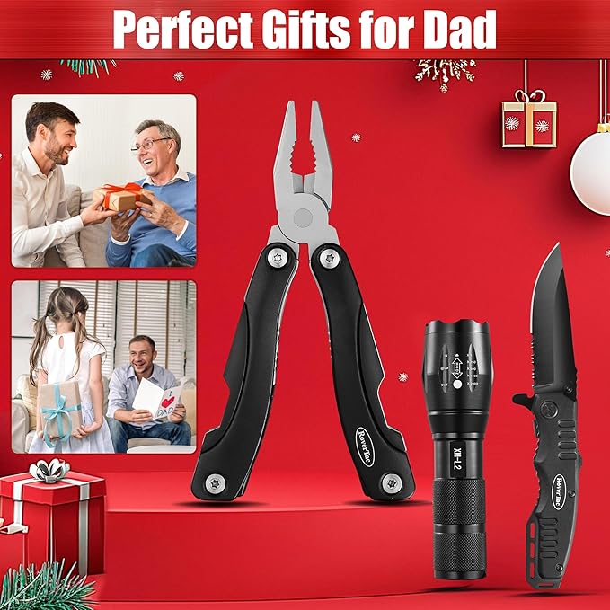 RoverTac Tools Set for Dad Gift - 12-in-1 Multitool Pliers Tactical Knife &amp Flashlight in a Gift Box with BEST DAD EVER - Unique &amp Practical Gift for Father’s Day Birthday Christmas &amp