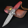 KOMWERO Damascus Pocket Knife VG10 Damascus Steel Folding Knife with Wood Handle Leather Sheath Liner Lock EDC Knife for Outdoor Survival Hunting Collection