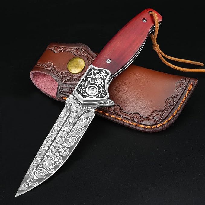 KOMWERO Damascus Pocket Knife VG10 Damascus Steel Folding Knife with Wood Handle Leather Sheath Liner Lock EDC Knife for Outdoor Survival Hunting Collection