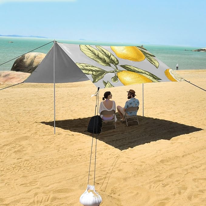 ALAZA Lemons Gray Background Pattern Beach Tent Sun Shelter Portable Canopy Sunshade for Outdoor Camping Picnics Backyard Fun 10x9 ft