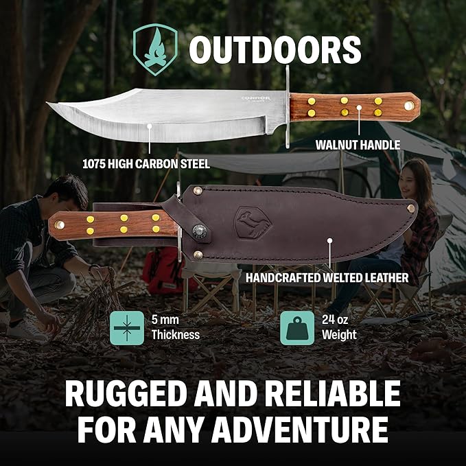 Condor Tool &amp Knife Undertaker Knife - 1075 High Carbon Steel - Full Tang Hunting Knives with Sheath - Walnut Handle - Hand Crafted Welted Leather Sheath - 10.2in Blade - 24 oz
