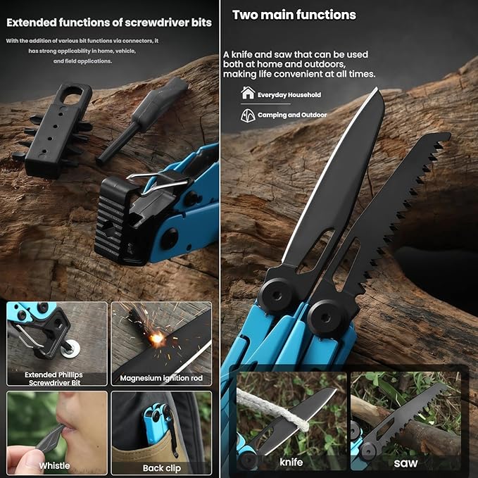 Multitool 25-in-1 Full-Size Lightweight EDC Multi-Purpose Pliers Folding Knife Camping Knives &amp Tools Outdoor Survival Gear Men Gift Ideas Gifts for Hunters Men who have Everything (Black）