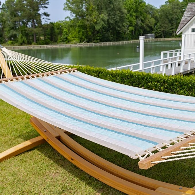 Hatteras Hammocks Large Gateway Mist Sunbrella Quilted Hammock – 13 ft. x 55 in. 2-Person 450 lb Capacity Cumaru Spreader Bar Zinc-Plated Hardware – Handcrafted in The USA