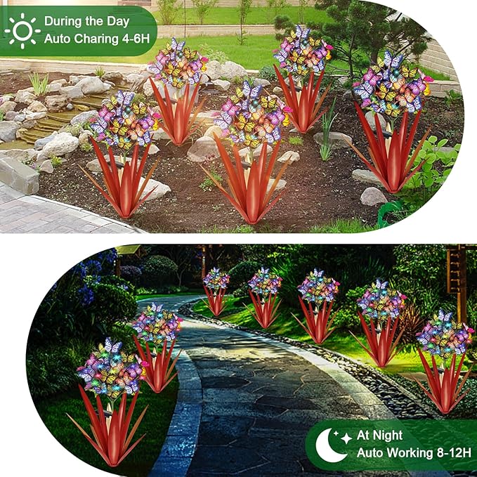 Homight Solar Metal Agave Butterfly Flower Stick Garden Sculpture - Outdoor Christmas Lights Swaying Solar Lights Gift (2 PCS RED)