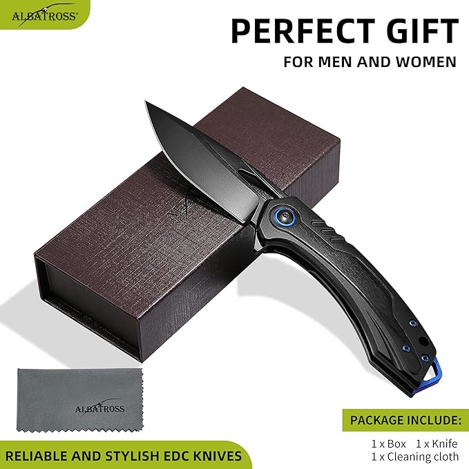 ALBATROSS Classic Valentine‘s Gift Men‘s Folding Knife 3.3” Black D2 Blade Black Aluminum &amp Wood Handle Ball Bearing Open Thumb Hole Gift Boxed