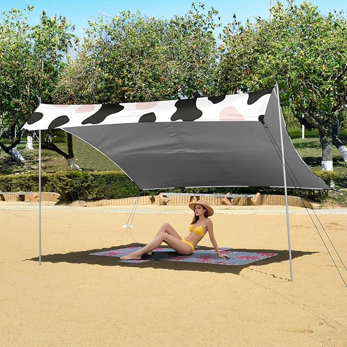 Simple Cow Print Pattern Vector Art Style White Background Pink and White Beach Tent UPF50+ Protection Lightweight Sun Shelter with Sand Shovel for Camping Trips Fishing Backyard Fun or
