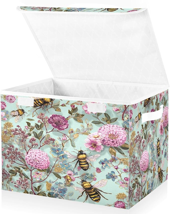Sage Green Bees and Flowers Collapsible Storage Bins with Lids Decorative Fabric Cubes Closet Organizer Basket Boxes Containers for Clothes Box Chest Folding Rectangle
