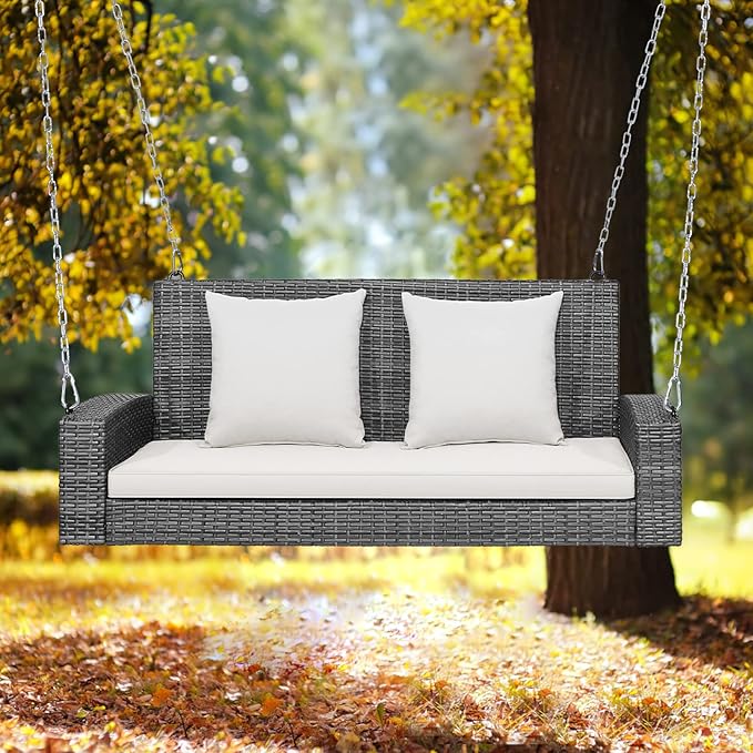 Tangkula 2 Person Wicker Hanging Porch Swing Patiojoy Outdoor Rattan Swing with Soft Cushions and 2 Rustproof Steel Chains 800 LBS Patio Swing Bench for Balcony Garden and Yard