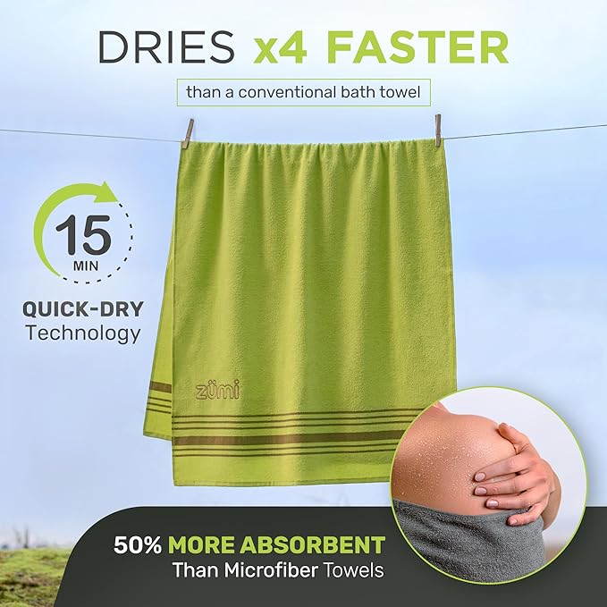 Zumi 100% Cotton Quick Dry Travel Towel - Soft Thin Compact Highly Absorbent Lightweight Camping Towel for Beach Gym Bath Shower Swimming Dorm RV - Green