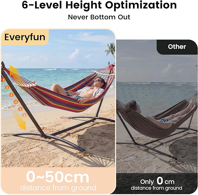 EveryFun Double Hammock with Heavy-Duty Steel StandPortableEasy Assembly600lbs Weight CapacityPerfect for IndoorYardCampingor Outdoor-Rainbow
