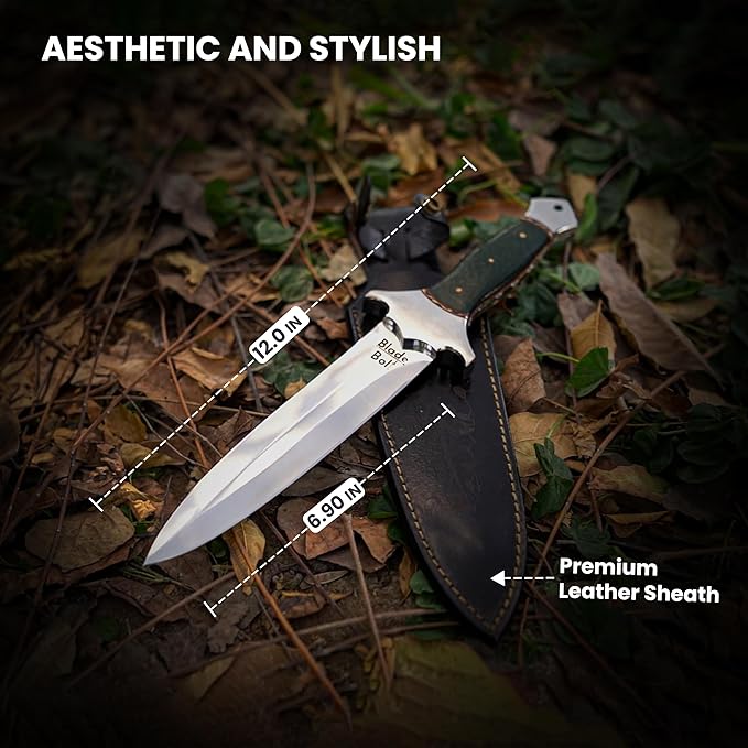 TwinEdge Pro D550X Fixed Blade Dagger Knife with Sheath – 6.9 Full Tang D2 Steel Blade with Rare Green Horn Handle Survival Hunting Knife for Men Perfect for Camping Tactical Outdoor and Gift