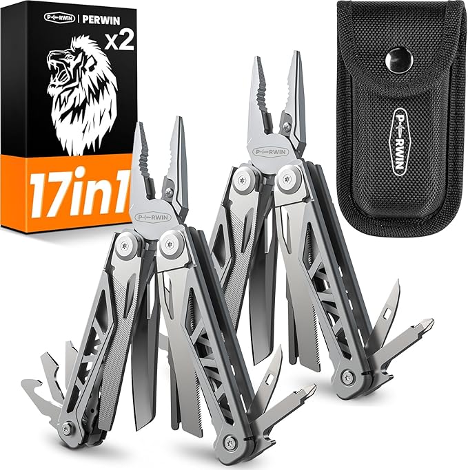 Multitool 2 Pack 17-in-1 Stainless Steel Multi Tool Pliers with Self-locking Pocket Knife Professional (EDC) Multi-tool for Outdoor Survival Camping and Hunting Hiking Simple Repair