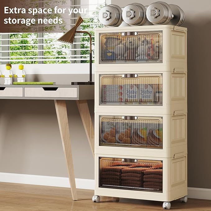 4 Tier - 34QT Storage Bins with Lids Collapsible Storage Bins with Doors and Wheels Plastic Storage Cabinet for Easy Storage and Organization for Living Room Office