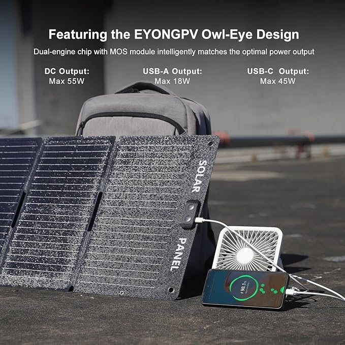 EYONGPV 55W Foldable Solar Panel Charger with Owl-Eye LED USB-C &amp USB-A DC Fast Charging Portable Solar Charger for Camping Hiking RV Outdoor Compatible with iPhone iPad Samsung Galaxy GP