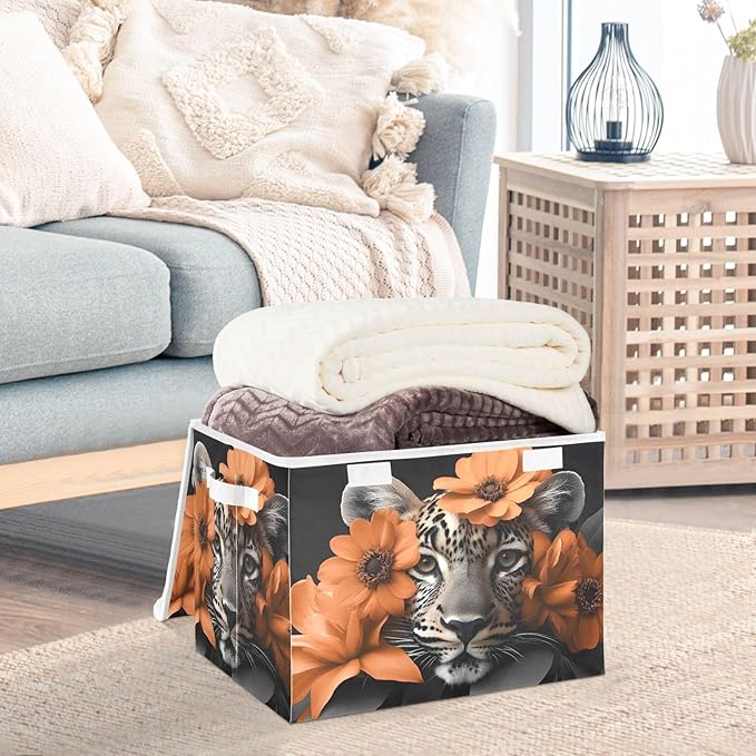 Storage Cube with Lid Floral with Leopard Print 16.5×12.6×11.8 IN Collapsible Large Capacity Foldable Storage Basket Bin Organizer