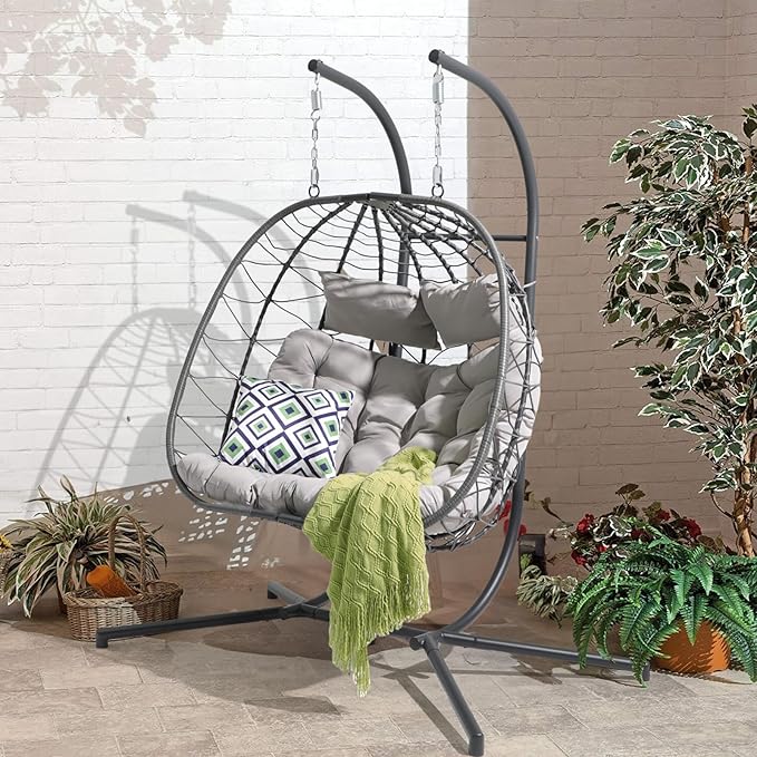 Patiorama 2 Person Double Egg Swing Chair with Stand Indoor Outdoor Patio Wicker Rattan Hanging Egg Chair w/Cushion Pillow Foldable Hammock Chair 550lbs for Bedroom Balcony Garden (Light Grey)