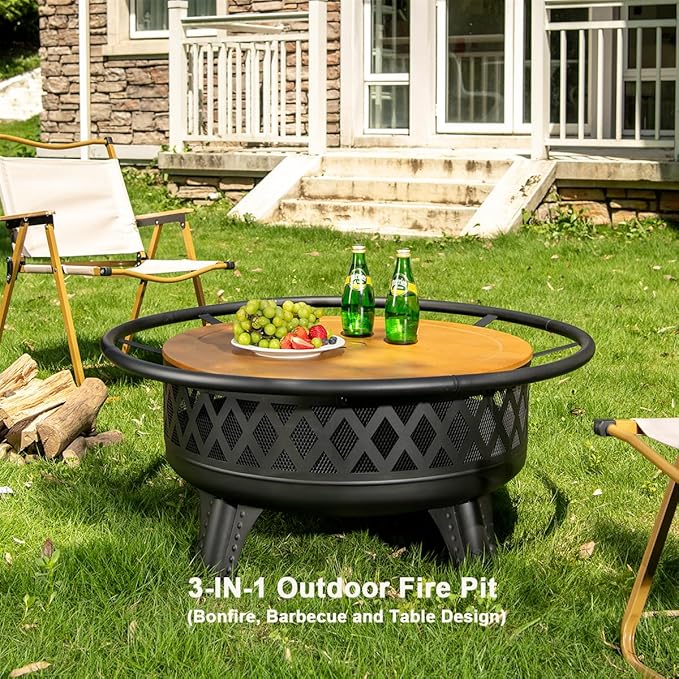 Panovue 38 Inch Wood Burning Fire Pit for Outside Round Firepit with Grill &amp Metal Lid Metal Outdoor Fire Pit Table for Patio Backyard Garden Bonfire Party