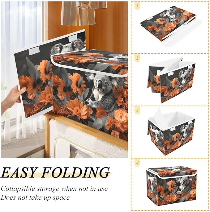 Storage Cube with Lid Koala with Floral Print 16.5×12.6×11.8 IN Collapsible Large Capacity Foldable Storage Basket Bin Organizer