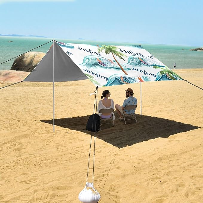 Landscape Beach Canopy Sun Shelter with Sandbags &amp Sand Shovel &amp Windproof Ropes - Portable 110x126 Beach Shade Beach Tent for Camping Picnics